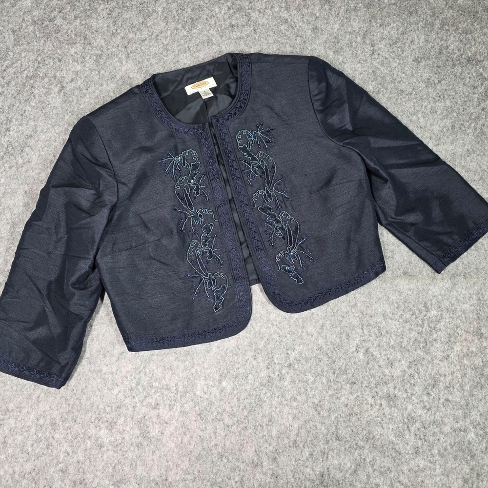 Vintage Talbots Bolero Jacket 4 Petite Navy Blue Beaded Embroidered Shrug Y2K